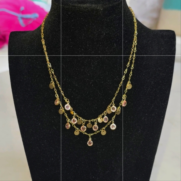 Double Strand Gold Necklace With Pink Stones - Picture 3 of 8